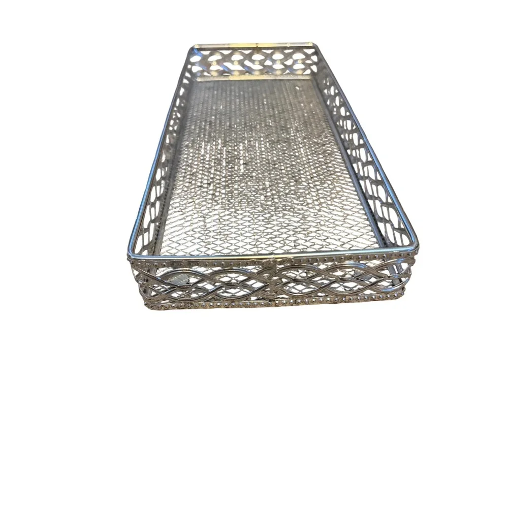 Vintage Silver Tone Mesh Vanity Tray Rectangular Filigree Lattice Organizer